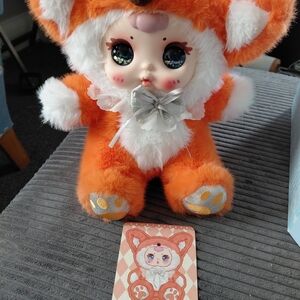 Cute Orange Fox Plush Doll with Sparkling Eyes and Silver Bow